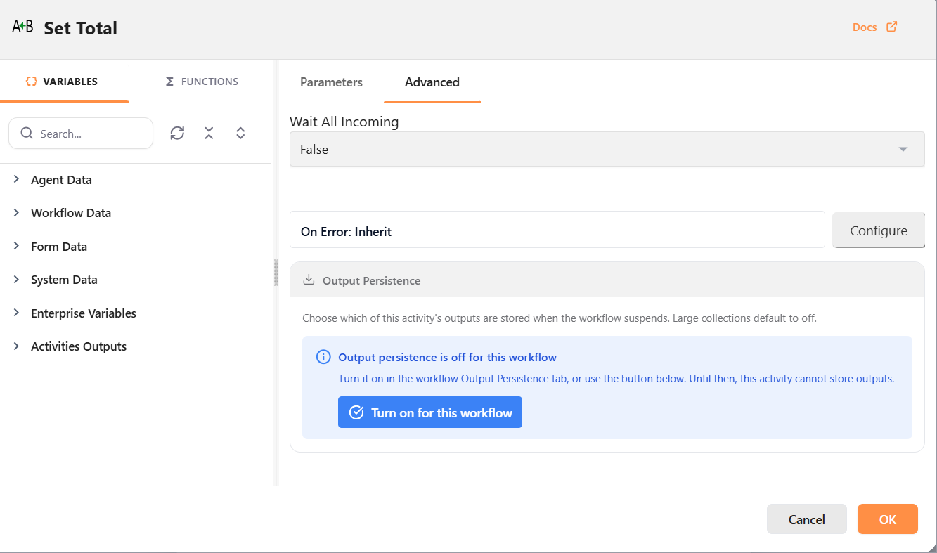 Activity Advanced tab showing that workflow output persistence is off and offering Turn on for this workflow