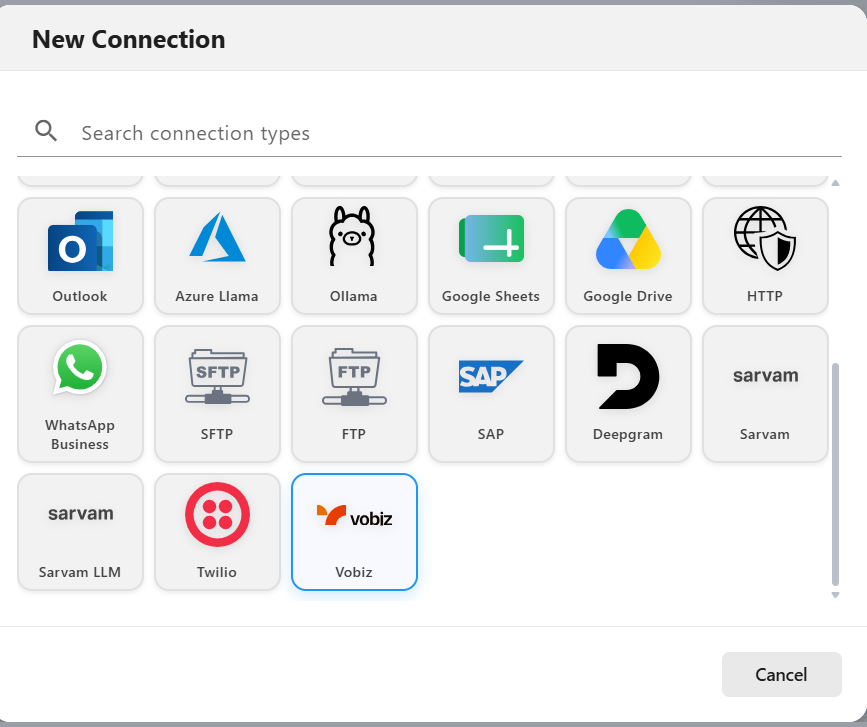 New Connection dialog with the Vobiz connection type selected