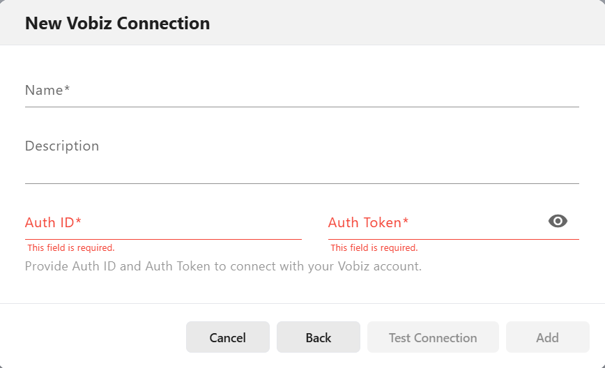 New Vobiz Connection dialog showing Name, Description, Auth ID, Auth Token, and connection actions